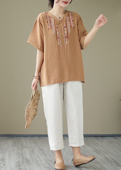 Khaki Oversized Embroideried Cotton Blouse Tops Summer