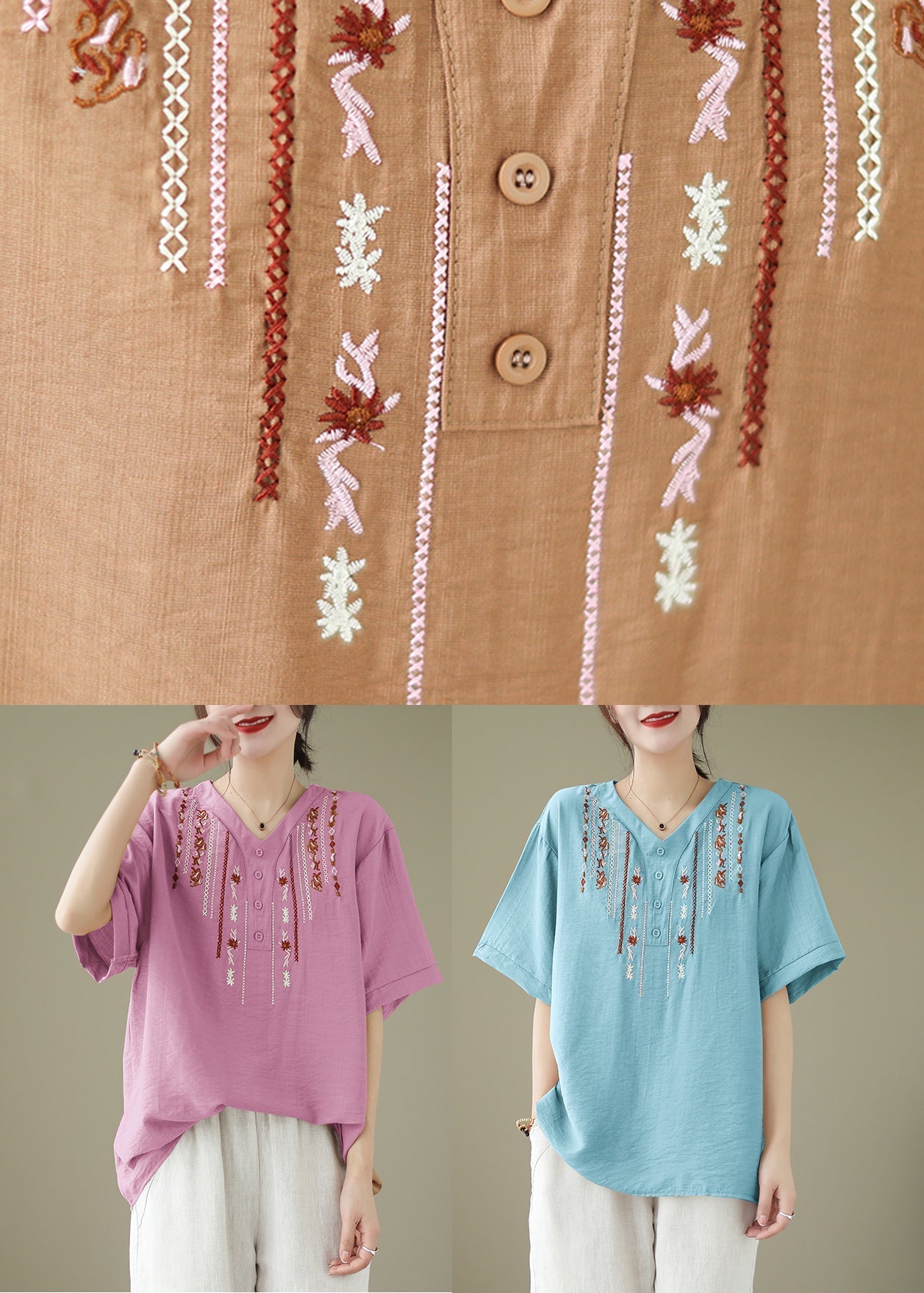 Khaki Oversized Embroideried Cotton Blouse Tops Summer