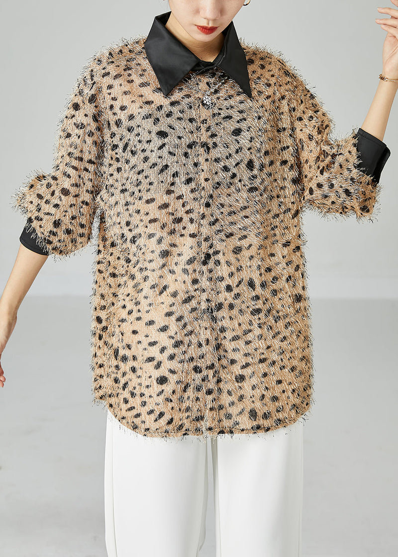 Khaki Oversized Fluffy Leopard Print Top Long Sleeve