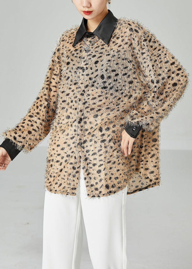 Khaki Oversized Fluffy Leopard Print Top Long Sleeve