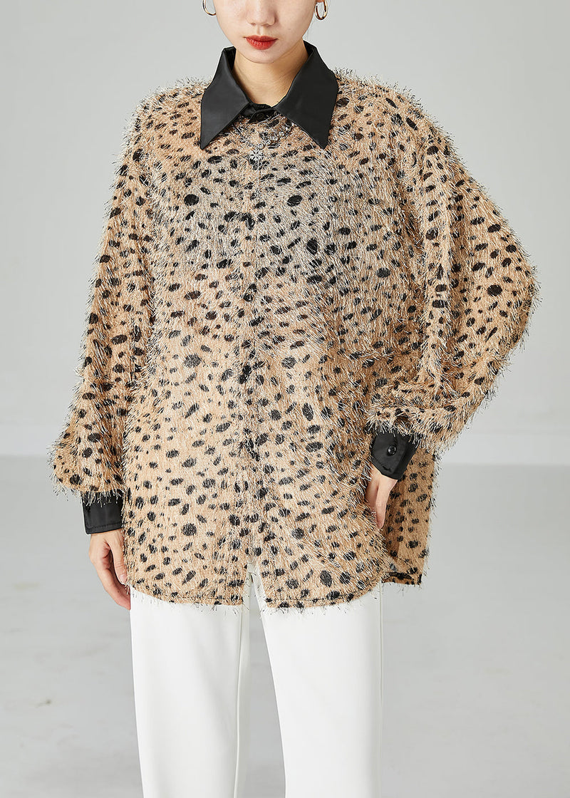 Khaki Oversized Fluffy Leopard Print Top Long Sleeve
