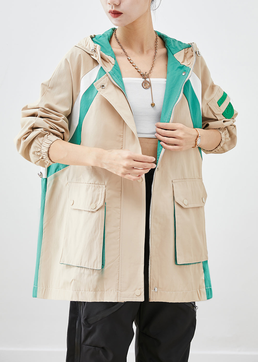 Khaki Oversized Patchwork Applique Cotton Jacket Fall