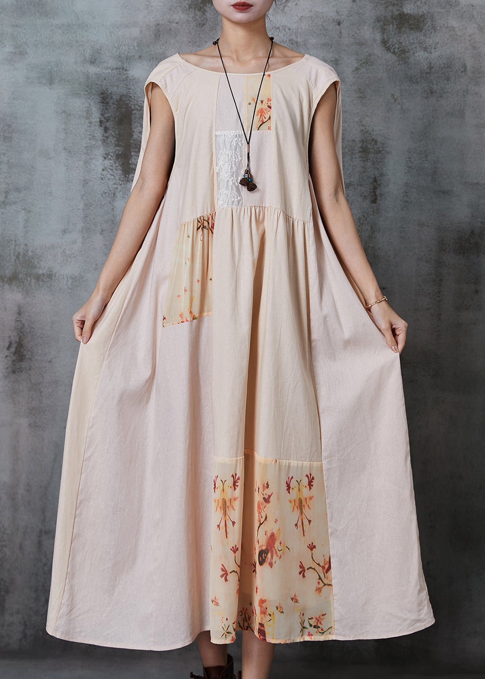 Khaki Oversized Patchwork Cotton Dress Summer