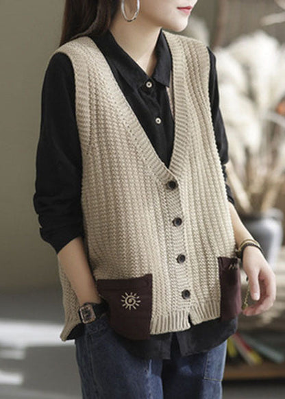 Khaki Oversized Patchwork Pockets Knit Vest Sleeveless