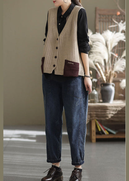 Khaki Oversized Patchwork Pockets Knit Vest Sleeveless