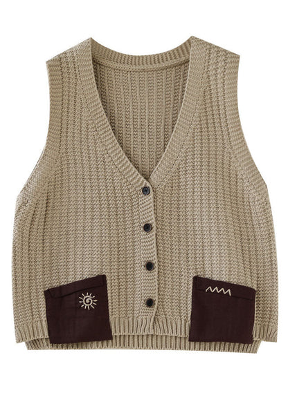 Khaki Oversized Patchwork Pockets Knit Vest Sleeveless