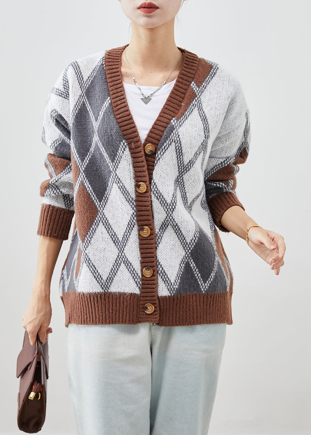 Khaki Oversized Plaid Knit Jacket Fall