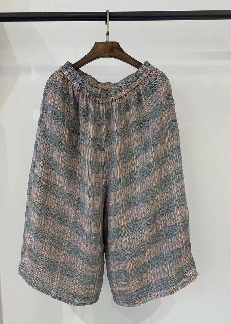 Khaki Oversized Plaid Linen Harem Pants Summer