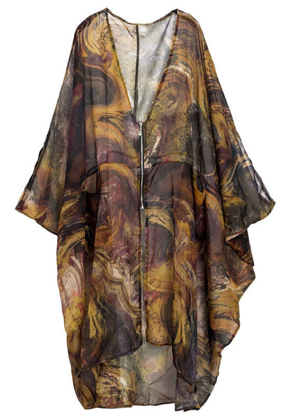 Khaki Oversized Print Chiffon Upf 50+ Coat Jacket Batwing Sleeve