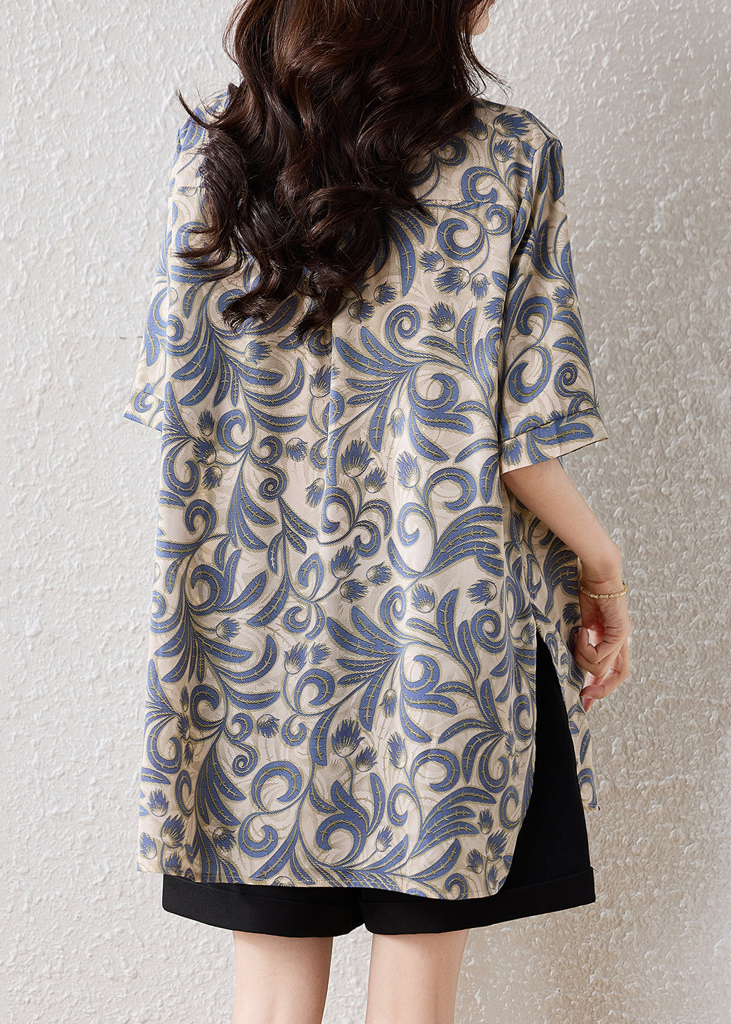 Khaki Oversized Print Cotton Blouses Summer