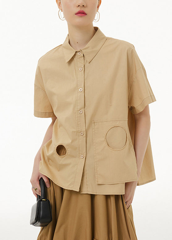 Khaki Peter Pan Collar Button Cotton Shirt Summer