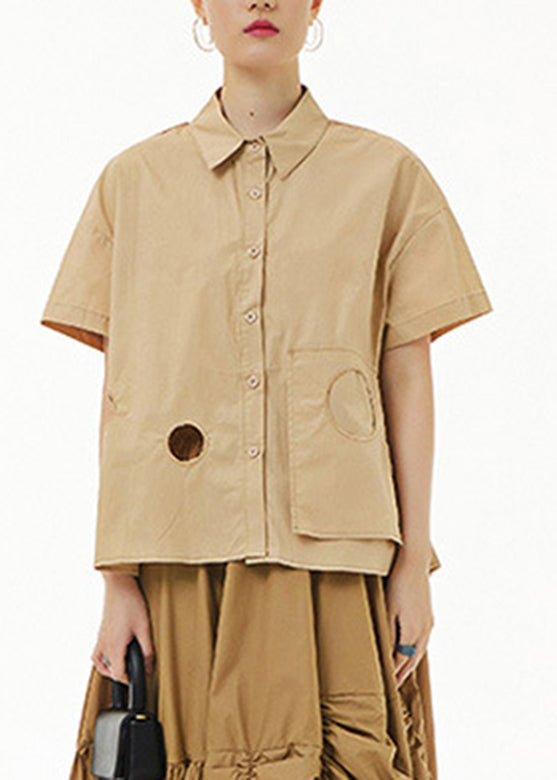 Khaki Peter Pan Collar Button Cotton Shirt Summer