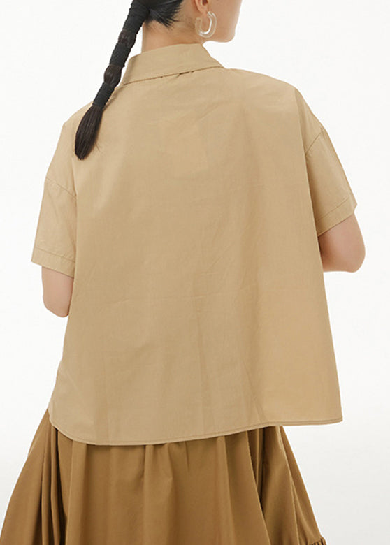 Khaki Peter Pan Collar Button Cotton Shirt Summer
