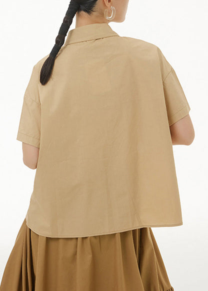 Khaki Peter Pan Collar Button Cotton Shirt Summer