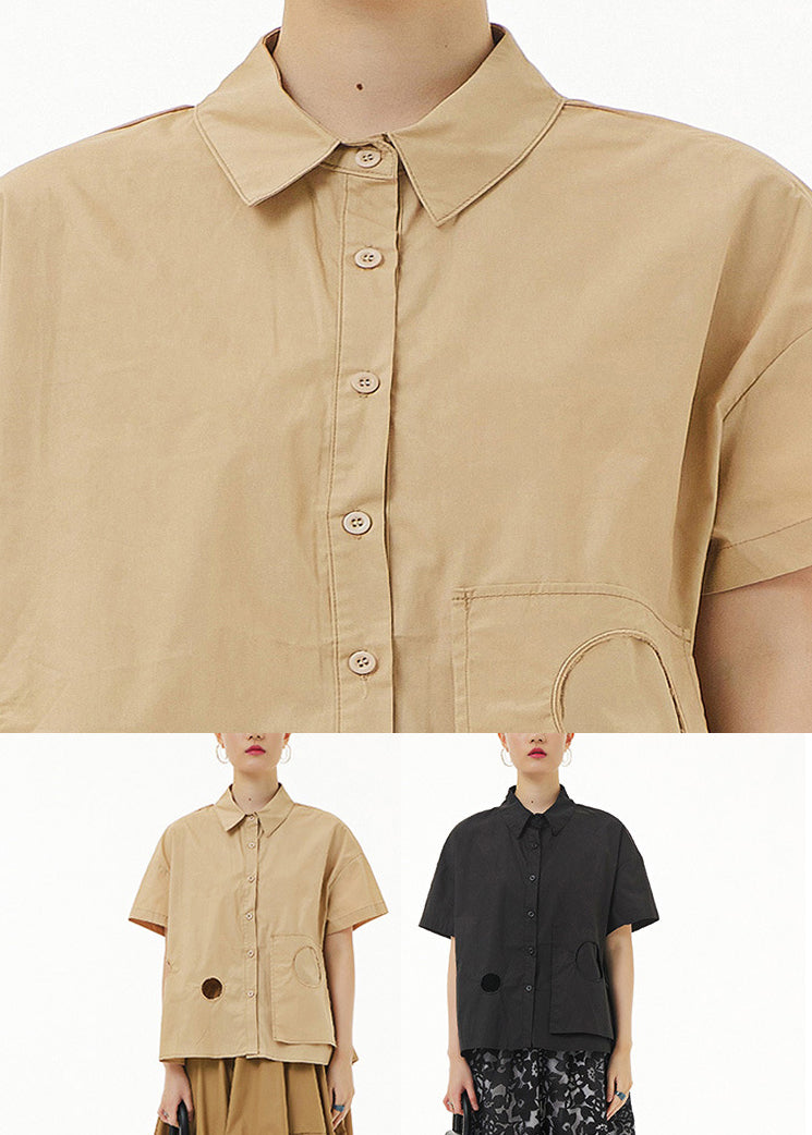 Khaki Peter Pan Collar Button Cotton Shirt Summer