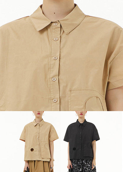 Khaki Peter Pan Collar Button Cotton Shirt Summer
