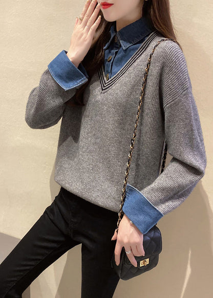 Khaki Peter Pan Collar Denim Patchwork False Two Pieces Knit Shirt Fall