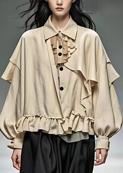 Khaki Peter Pan Collar Patchwork Button Coats Fall