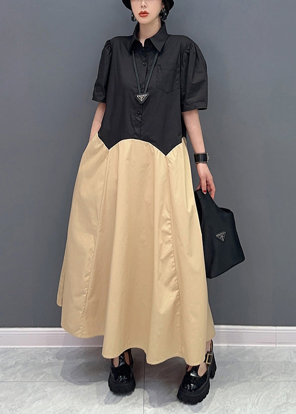 Khaki Peter Pan Collar Patchwork Cotton Maxi Dress Summer