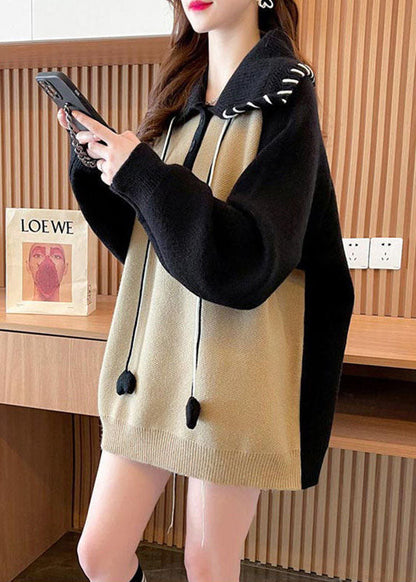Khaki Peter Pan Collar Patchwork Warm Knit Pullover Winter
