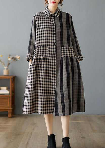 Khaki Peter Pan Collar Plaid Cotton Dresses Spring
