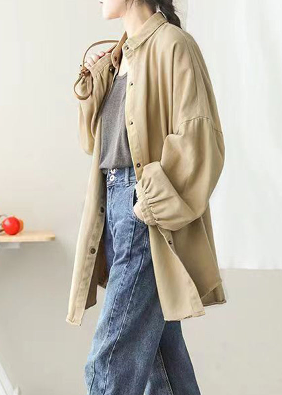 Khaki Peter Pan Collar Pockets Button Mid Coat Lantern Sleeve