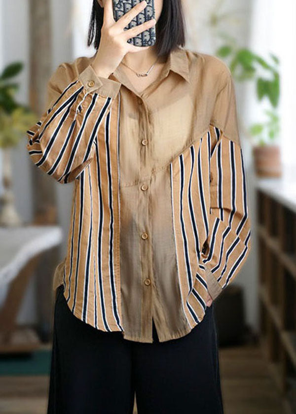 Khaki Peter Pan Collar Striped Patchwork Cotton Top Spring