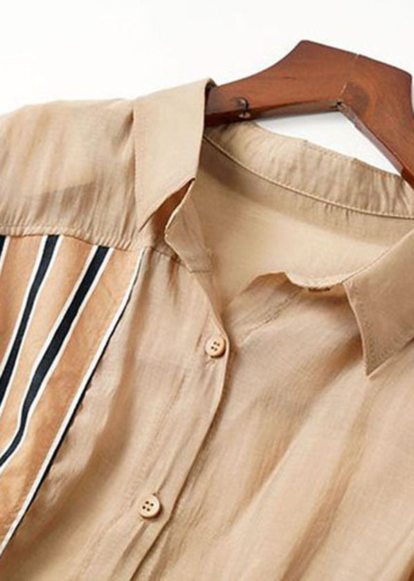 Khaki Peter Pan Collar Striped Patchwork Cotton Top Spring