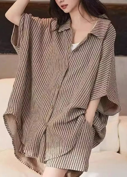 Khaki Peter Pan Collar Striped Shirt and Shorts Two Piece Set Summer