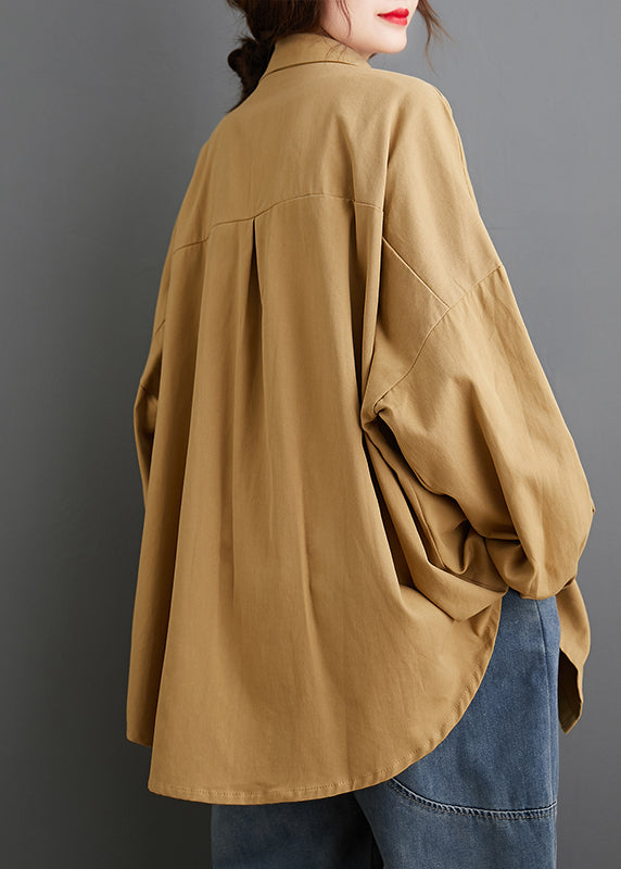 Khaki Peter Pan Collar Wrinkled Patchwork Cotton Blouses Fall