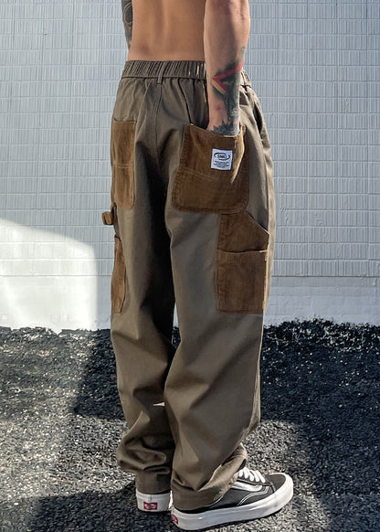 Khaki Pockets Drawstring Patchwork Cotton Pants Summer