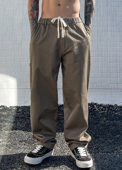 Khaki Pockets Drawstring Patchwork Cotton Pants Summer