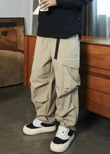 Khaki Pockets Elastic Waist Cotton Pants Spring
