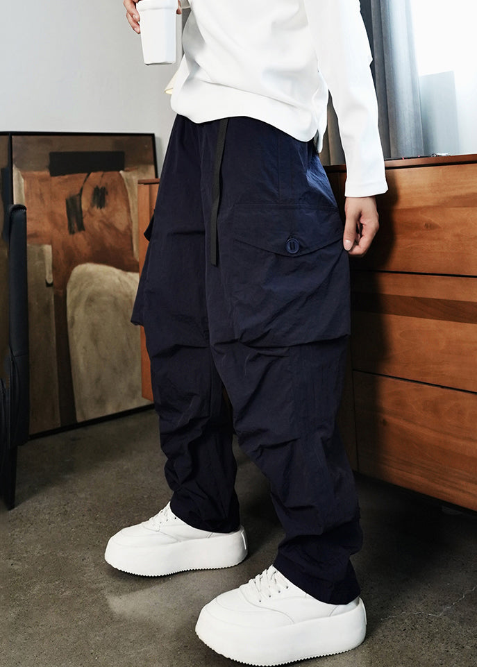 Khaki Pockets Elastic Waist Cotton Pants Spring