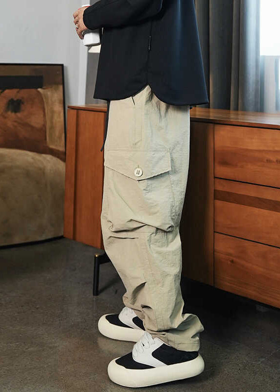 Khaki Pockets Elastic Waist Cotton Pants Spring