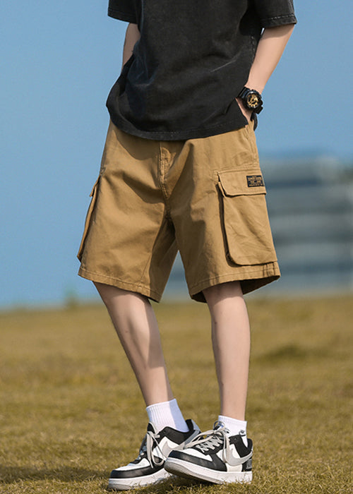 Khaki Pockets Elastic Waist Cotton Shorts Summer