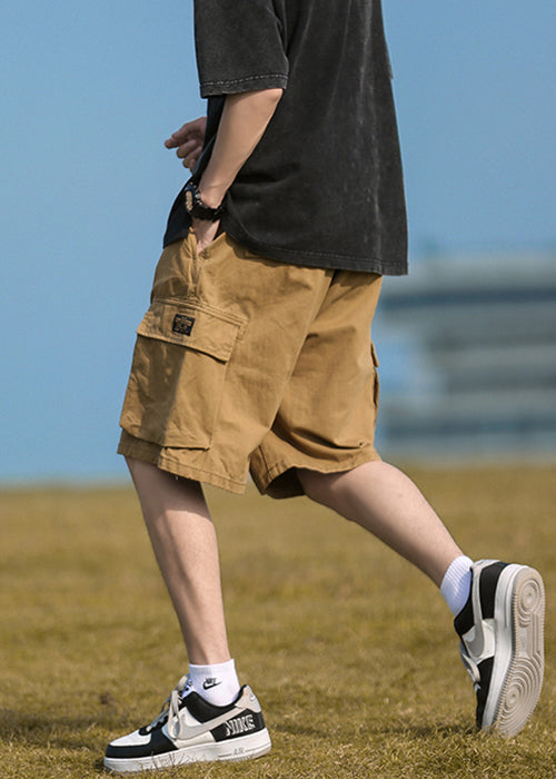 Khaki Pockets Elastic Waist Cotton Shorts Summer