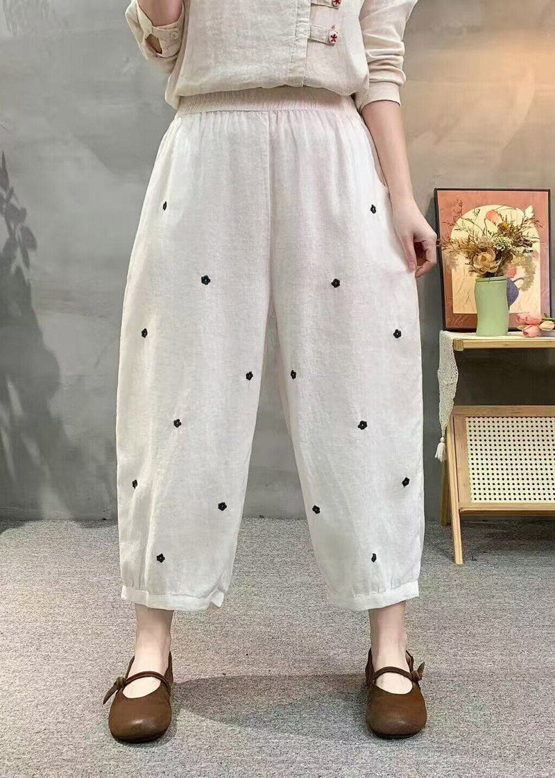 Khaki Pockets Elastic Waist Dot Print Linen Crop Pants Summer