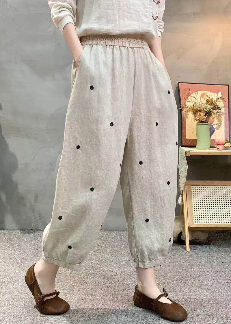 Khaki Pockets Elastic Waist Dot Print Linen Crop Pants Summer