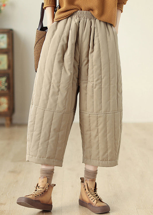Khaki Pockets Elastic Waist Fine Cotton Filled Crop Pants Winter