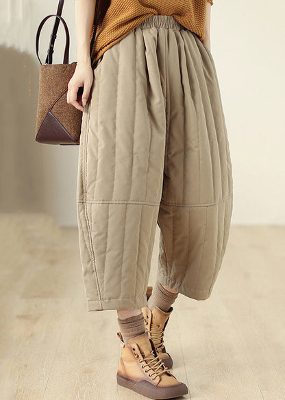 Khaki Pockets Elastic Waist Fine Cotton Filled Crop Pants Winter