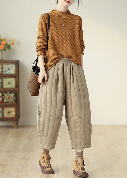 Khaki Pockets Elastic Waist Fine Cotton Filled Crop Pants Winter