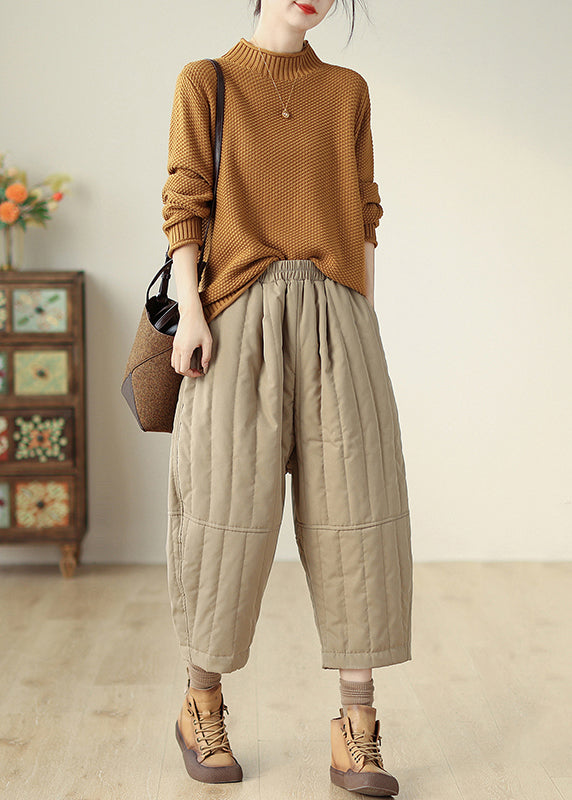 Khaki Pockets Elastic Waist Fine Cotton Filled Crop Pants Winter