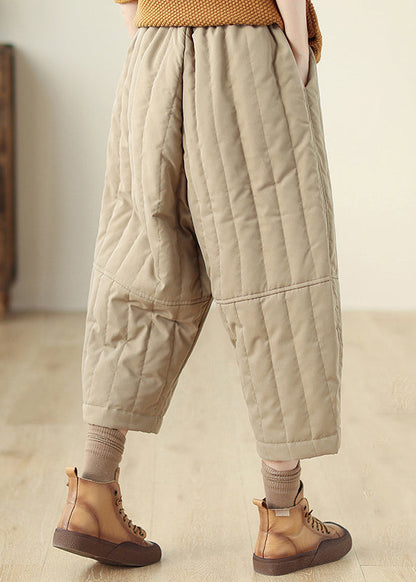 Khaki Pockets Elastic Waist Fine Cotton Filled Crop Pants Winter
