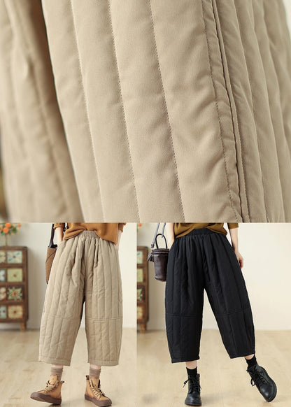 Khaki Pockets Elastic Waist Fine Cotton Filled Crop Pants Winter
