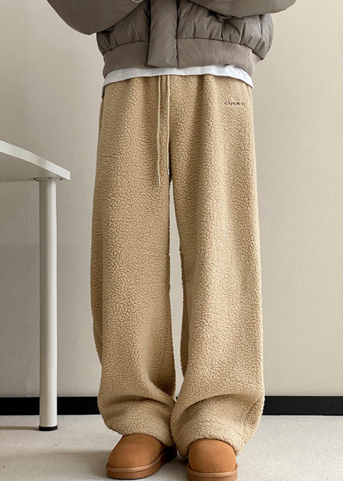 Khaki Pockets Elastic Waist Teddy Faux Fur Pants Winter