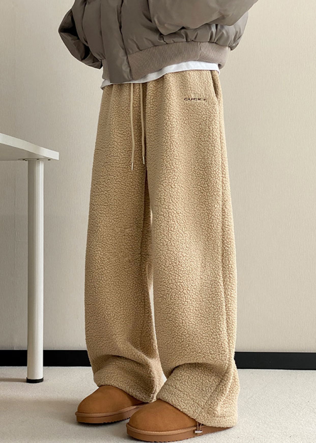 Khaki Pockets Elastic Waist Teddy Faux Fur Pants Winter