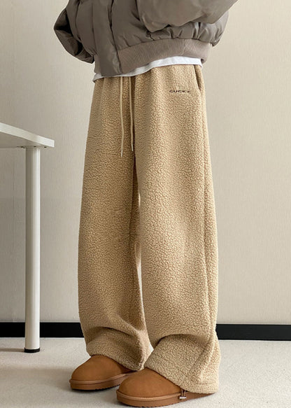 Khaki Pockets Elastic Waist Teddy Faux Fur Pants Winter