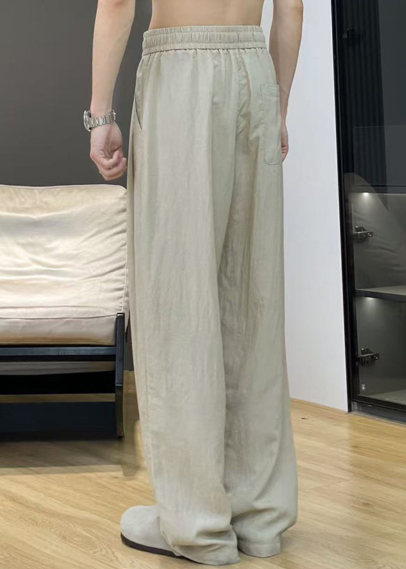 Khaki Pockets Elastic Waist Thin Linen Pants Summer