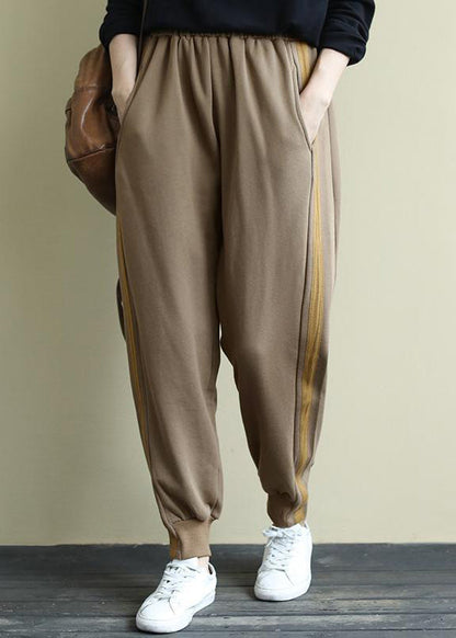 Khaki Pockets Elastic Waist Warm Fleece Beam Pants Winter